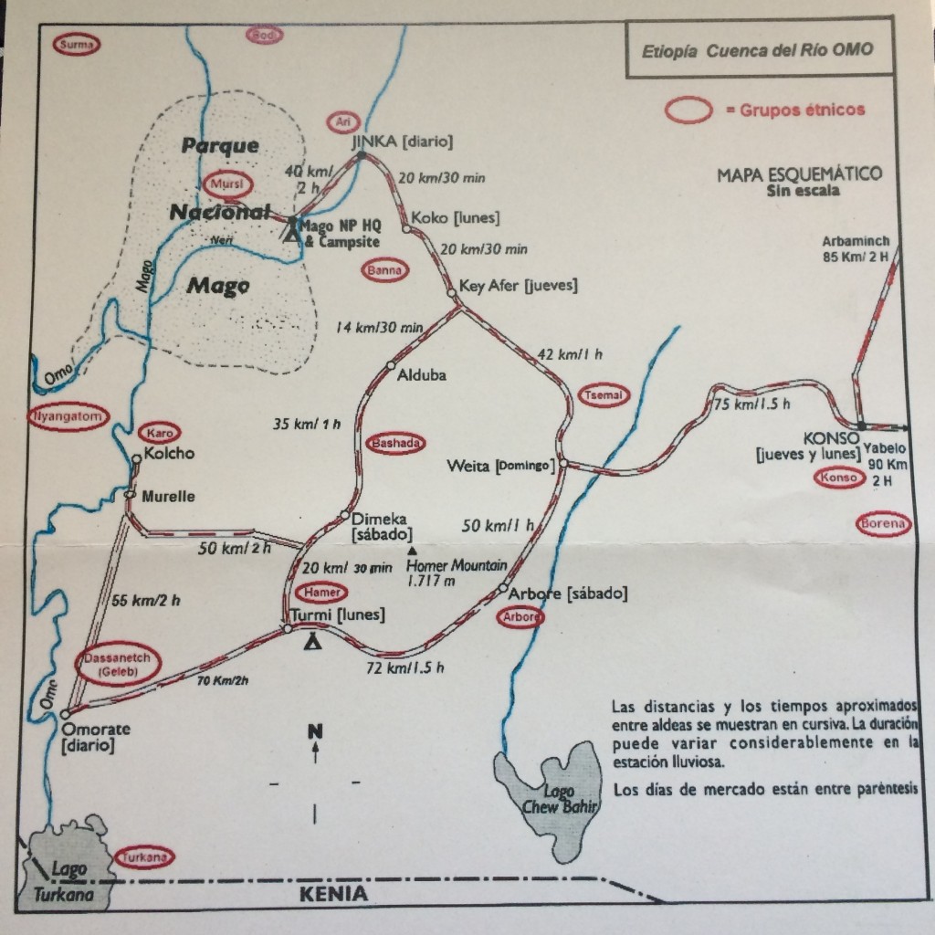 Mapa de les visites a la zona de la Vall del Riu Omo