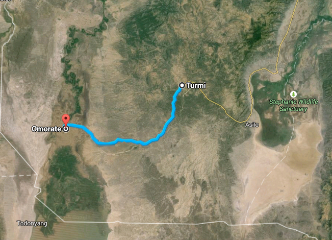 Ruta des de Turmi fins al Poblat Dassenech en territori Omorate - Font: Google Maps