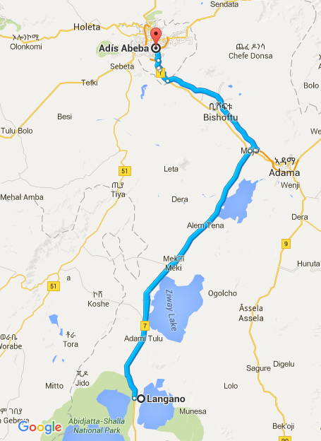 Ruta de Langano a Addis Abeba - Font: Google maps