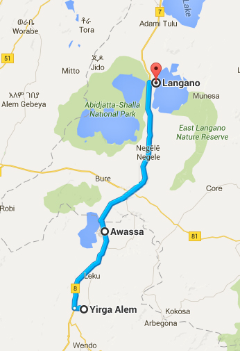 De Yirga Alem fins al Llac Langano passant per Awassa - Font: Google maps