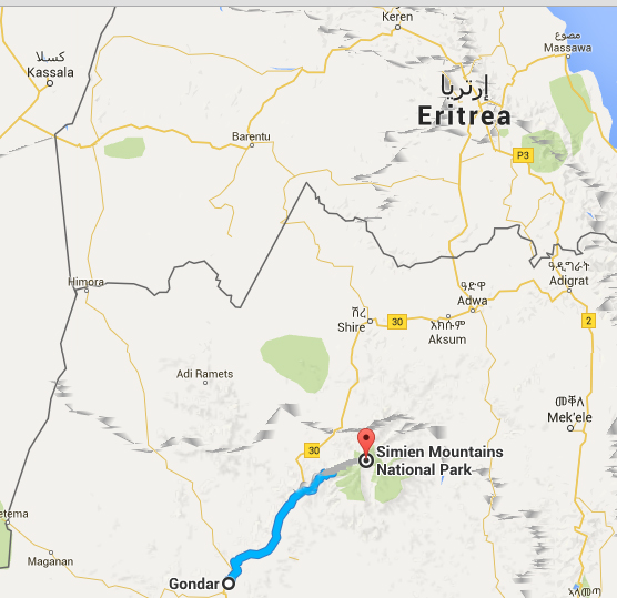 Ruta des de Gondar fins al Parc Nacional de les Muntanyes de Simien - Font: Google maps